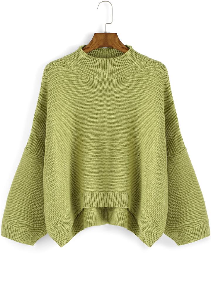 Shein Green Round Neck Loose Dip Hem Sweater