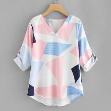 Shein High Low Curved Hem Geo Print Blouse
