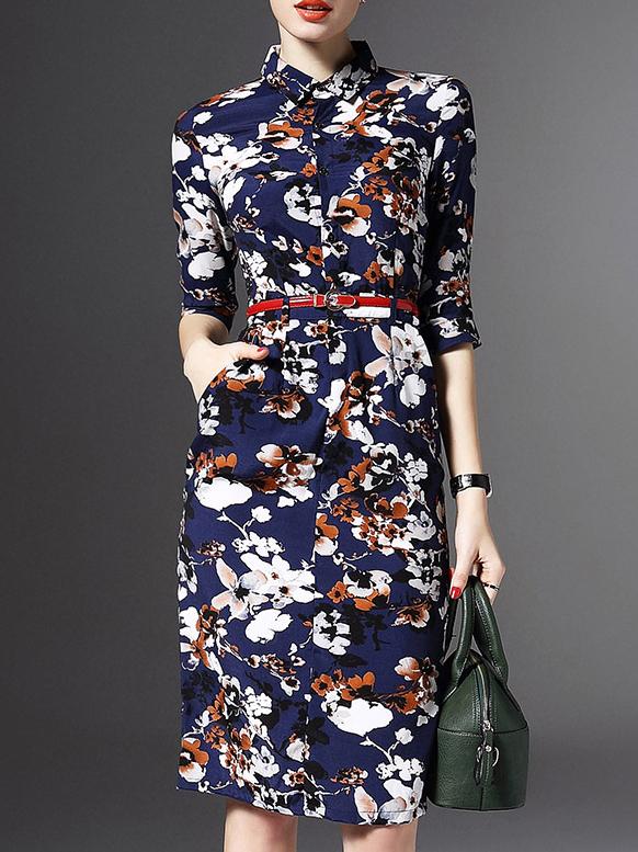 Shein Navy Lapel Belted Pockets Print Sheath Dress