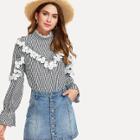 Shein Floral Lace Embellished Flounce Sleeve Striped Top