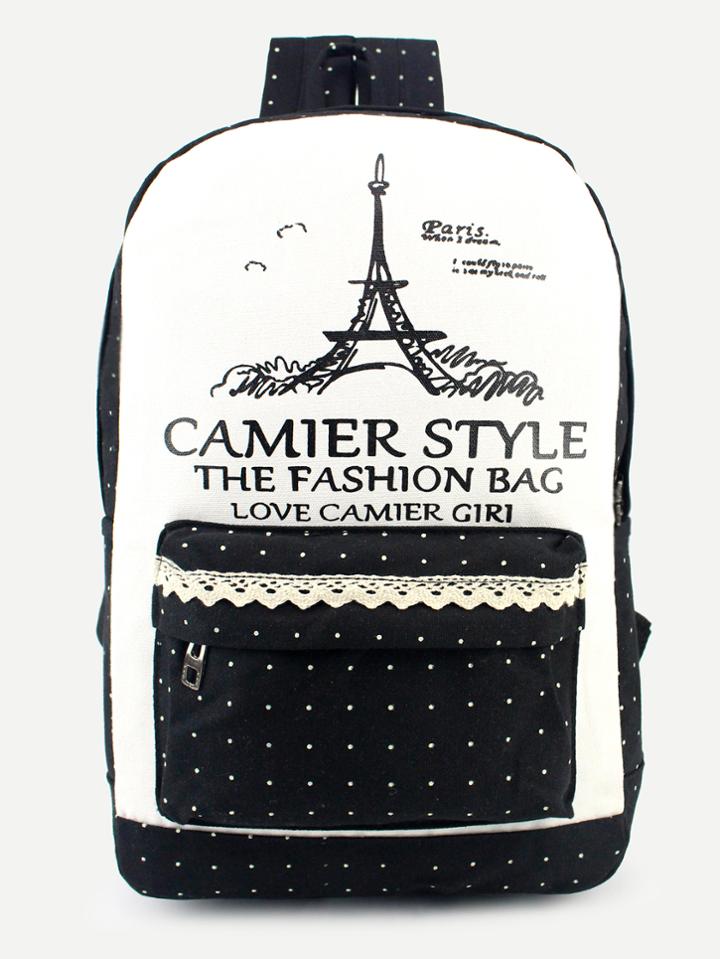 Shein Black Lace Trim Polka Dot Print Canvas Backpack