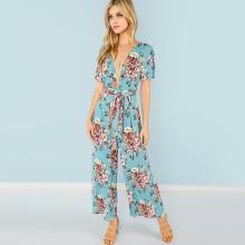 Shein Floral Print Plunging Neck Knot Back Jumpsuit
