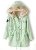 Shein Mint Green Fur Hooded Zipper Embellished Fleece Inside Military Coat