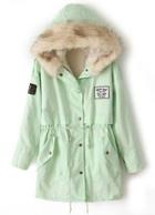 Shein Mint Green Fur Hooded Zipper Embellished Fleece Inside Military Coat