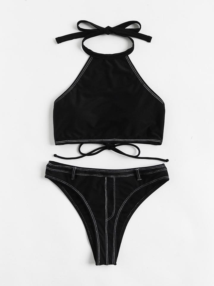 Shein Self Tie Stitch Detail Bikini Set