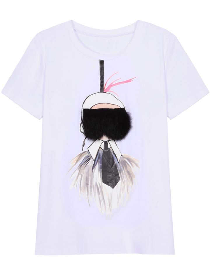 Shein White Short Sleeve Fur Embellished T-shirt
