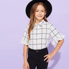 Shein Girls Flounce Sleeve Grid Shirt