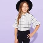 Shein Girls Flounce Sleeve Grid Shirt