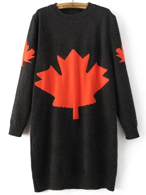 Shein Dark Grey Leaf Pattern Ribbed Trim Sweater Dress