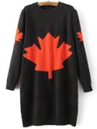 Shein Dark Grey Leaf Pattern Ribbed Trim Sweater Dress