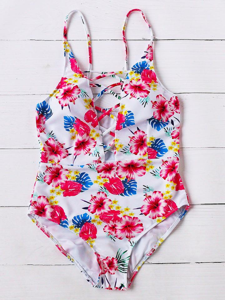 Shein Floral Print Criss Cross Front One-piece Swimwear
