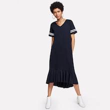 Shein Striped Sleeve Flounce Hem Dress