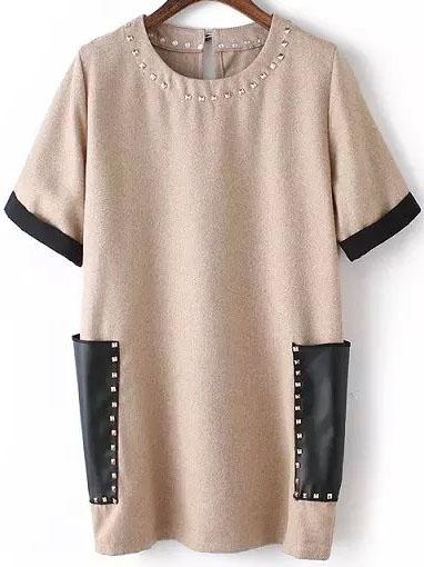 Shein With Rivet Patch Pocket Khaki Dress
