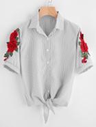 Shein Symmetrical Appliques Pinstripe Knot Hem Shirt