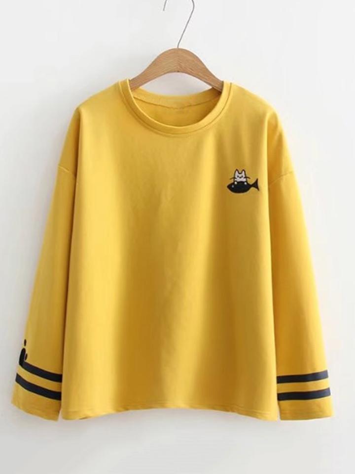Shein Striped Cuff Cat Embroidery Sweatshirt