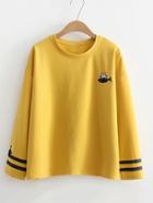 Shein Striped Cuff Cat Embroidery Sweatshirt