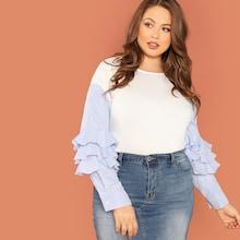 Shein Plus Striped Ruffle Sleeve Mixed Media Pullover