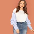 Shein Plus Striped Ruffle Sleeve Mixed Media Pullover