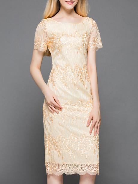Shein Apricot Gauze Embroidered Shift Dress