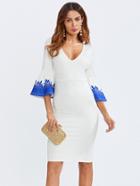 Shein Print Fluted Sleeve Plunging Tailored Dress