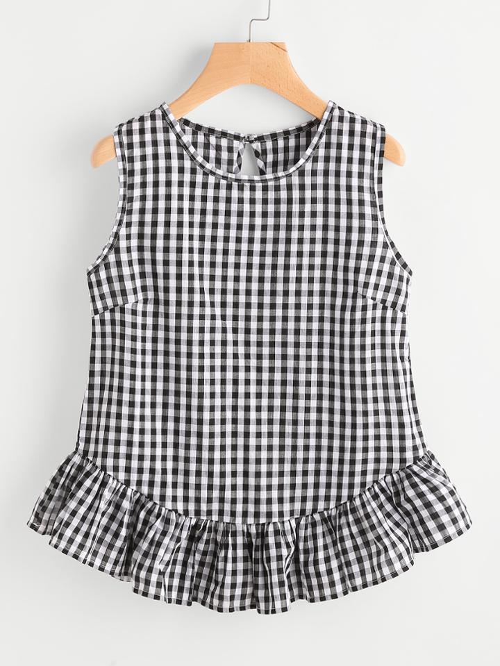 Shein Gingham Buttoned Keyhole Back Frill Hem Top
