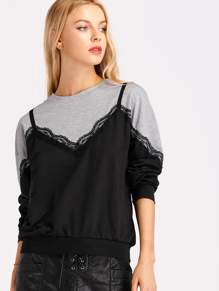 Shein Contrast Lace Cut And Sew Panel Pullover
