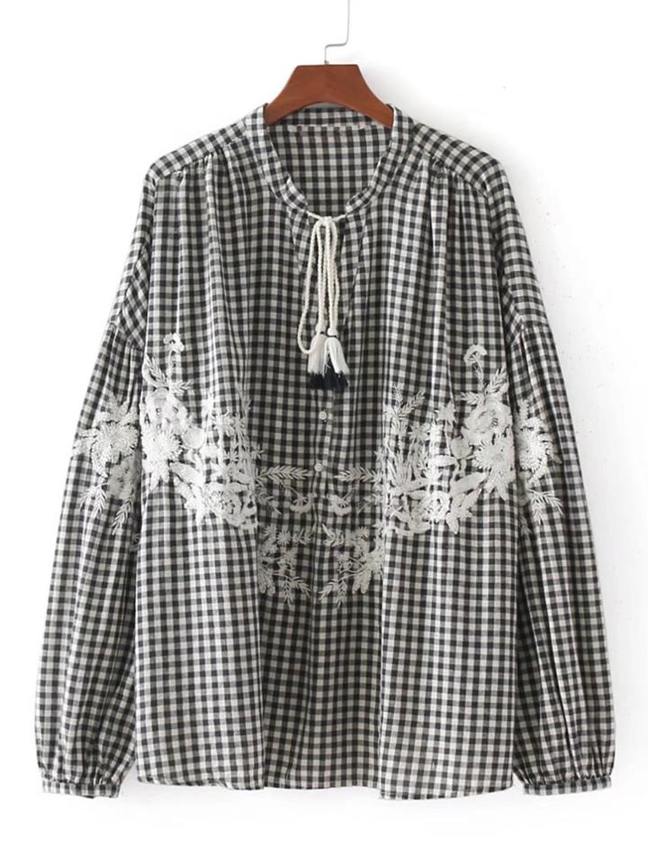 Shein Embroidered Detail Tassel Tie Gingham Blouse