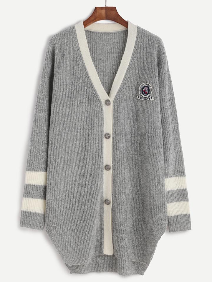 Shein Grey Contrast Neckline Striped Sleeve Cardigan With Patch
