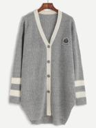Shein Grey Contrast Neckline Striped Sleeve Cardigan With Patch