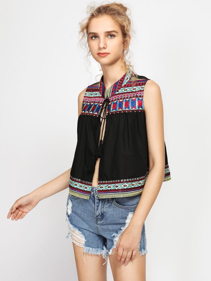 Shein Tasseled Tie Tribal Embroidered Yoke And Hem Blouse