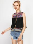 Shein Tasseled Tie Tribal Embroidered Yoke And Hem Blouse