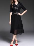 Shein Black Contrast Pu Pleated Belted A-line Dress