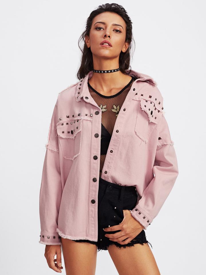 Shein Drop Shoulder Frayed Hem Studded Jacket