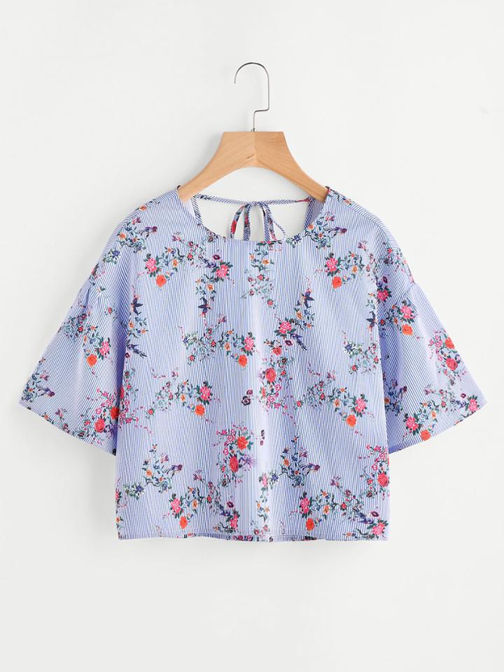 Shein Flower Print Drop Shoulder Tied V Back Striped Top