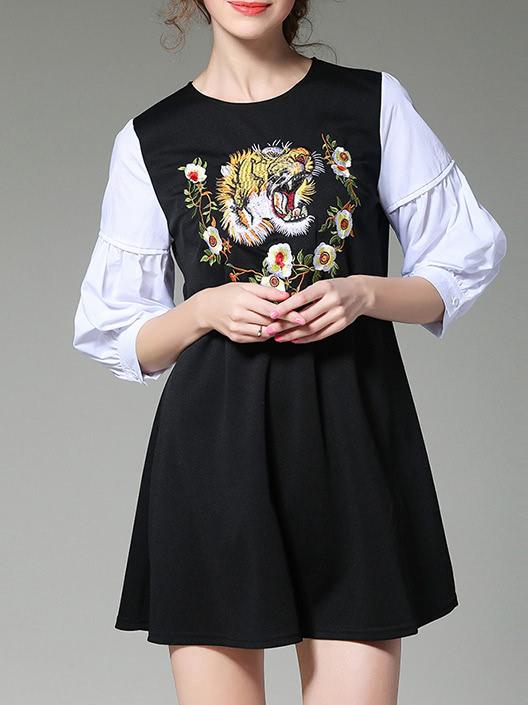 Shein Puff Sleeve Tiger Embroidered Dress