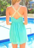 Rosewe Cross Back Sequins Decorated Blue Skater Dress