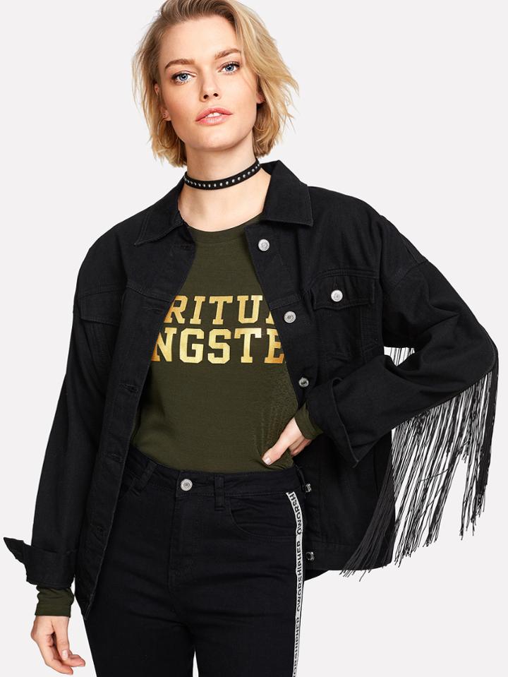 Shein Dark Wash Fringe Trim Denim Jacket