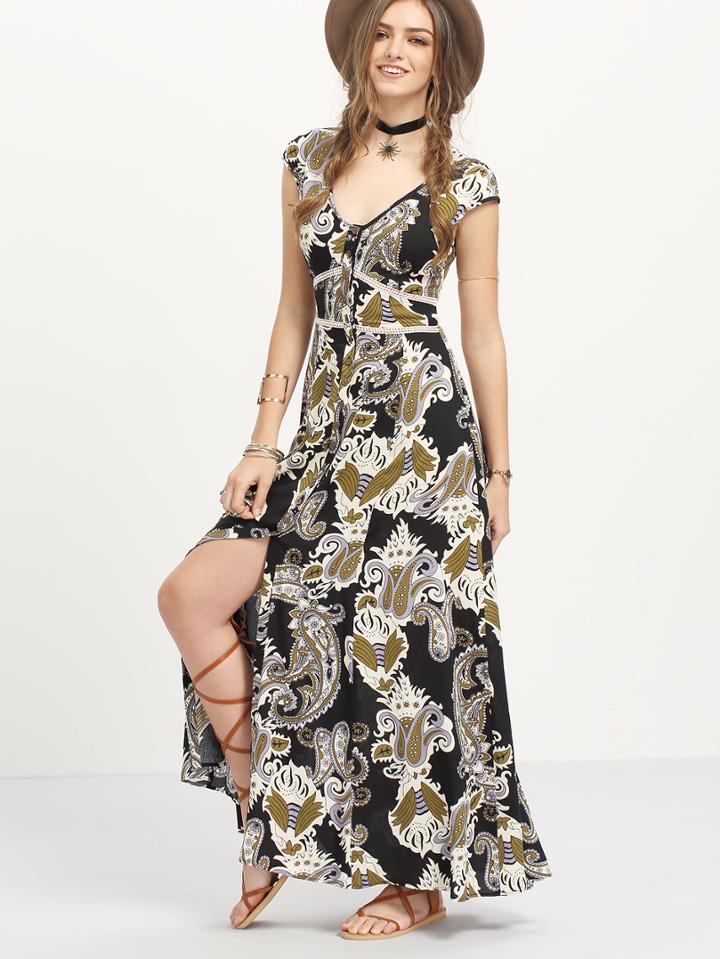Shein Multicolor Print Hollow Back Split Boho Maxi Dress