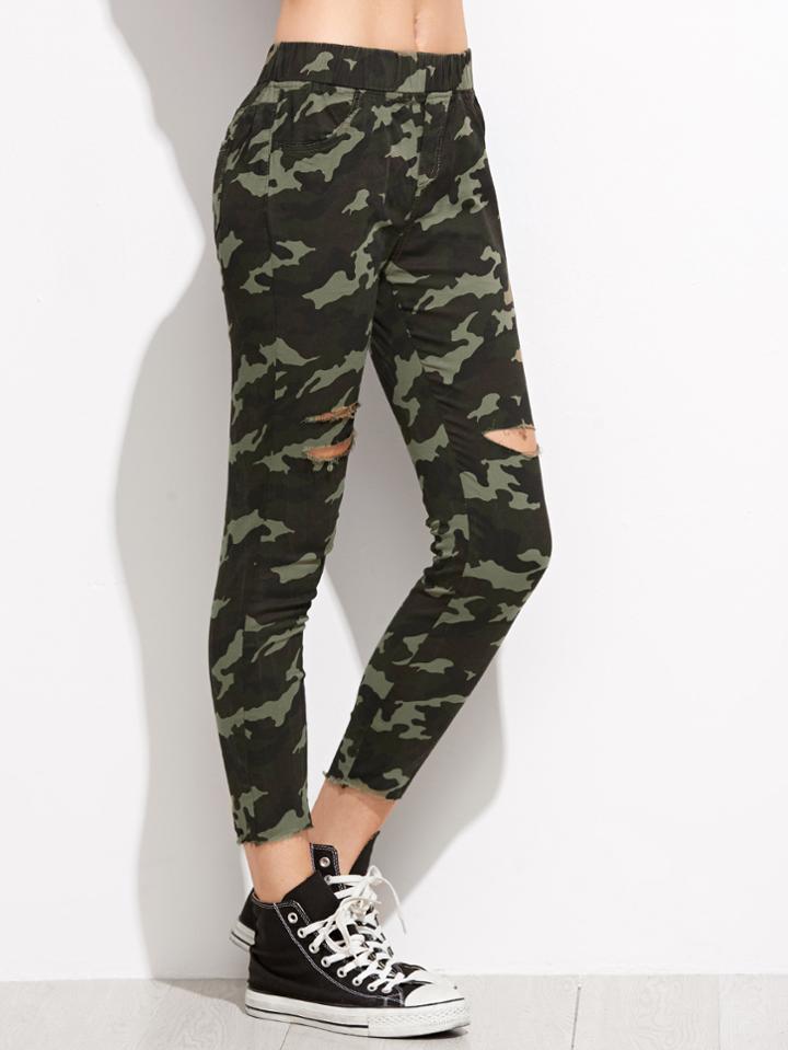 Shein Camo Print Ripped Raw Edge Pants