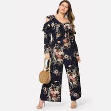 Shein Plus Asymmetrical Sleeve Flower Print Jumpsuit