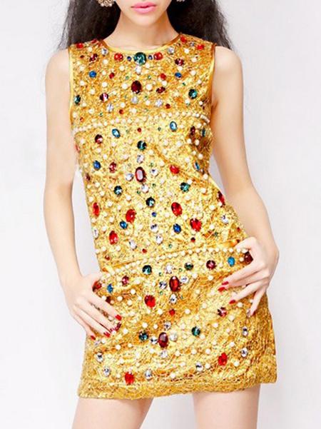Shein Gold Crew Neck Beading Sheath Dress