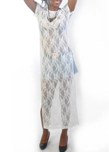 Rosewe White Lace Side Slit Maxi Dress