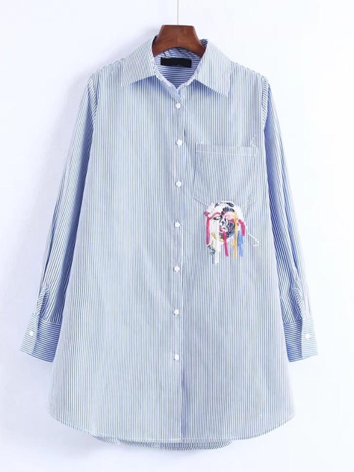 Shein Embroidery Detail Striped Shirt Dress