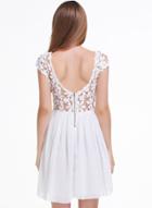Shein White Short Sleeve Hollow Floral Crochet Pleated Dress