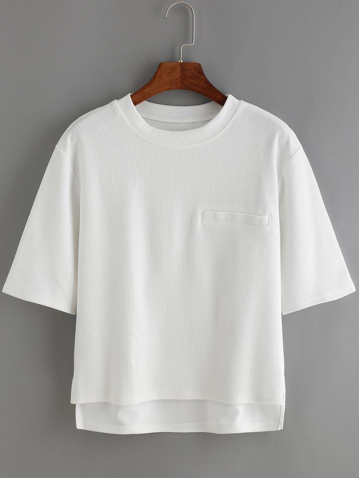 Shein White Ribbed Pocket T-shirt