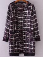 Shein Plaid Open Front Marled Knit Pocket Sweater Coat