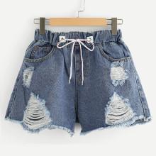 Shein Raw Hem Ripped Drawstring Waist Denim Shorts