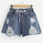 Shein Raw Hem Ripped Drawstring Waist Denim Shorts
