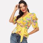 Shein Leg-of-mutton Sleeve Self Tie Wrap Blouse