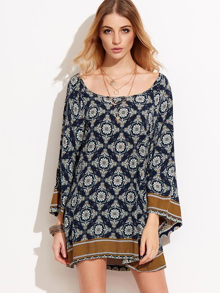 Shein Navy Ornate Print Kimono Sleeve Tunic Dress
